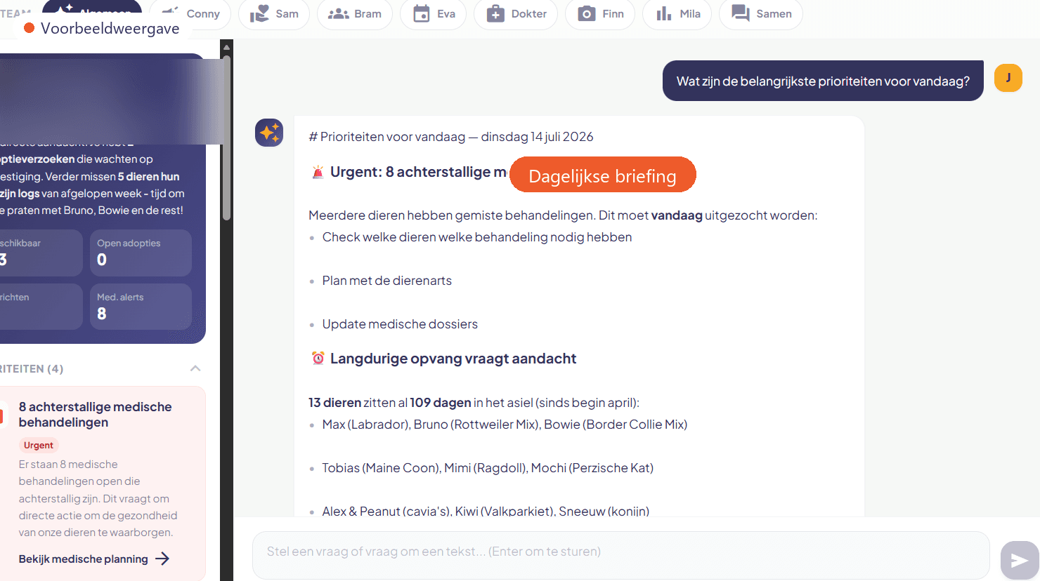 PootGelukkig Copilot: de AI-assistent geeft de dagelijkse briefing en beantwoordt vragen van het asielteam