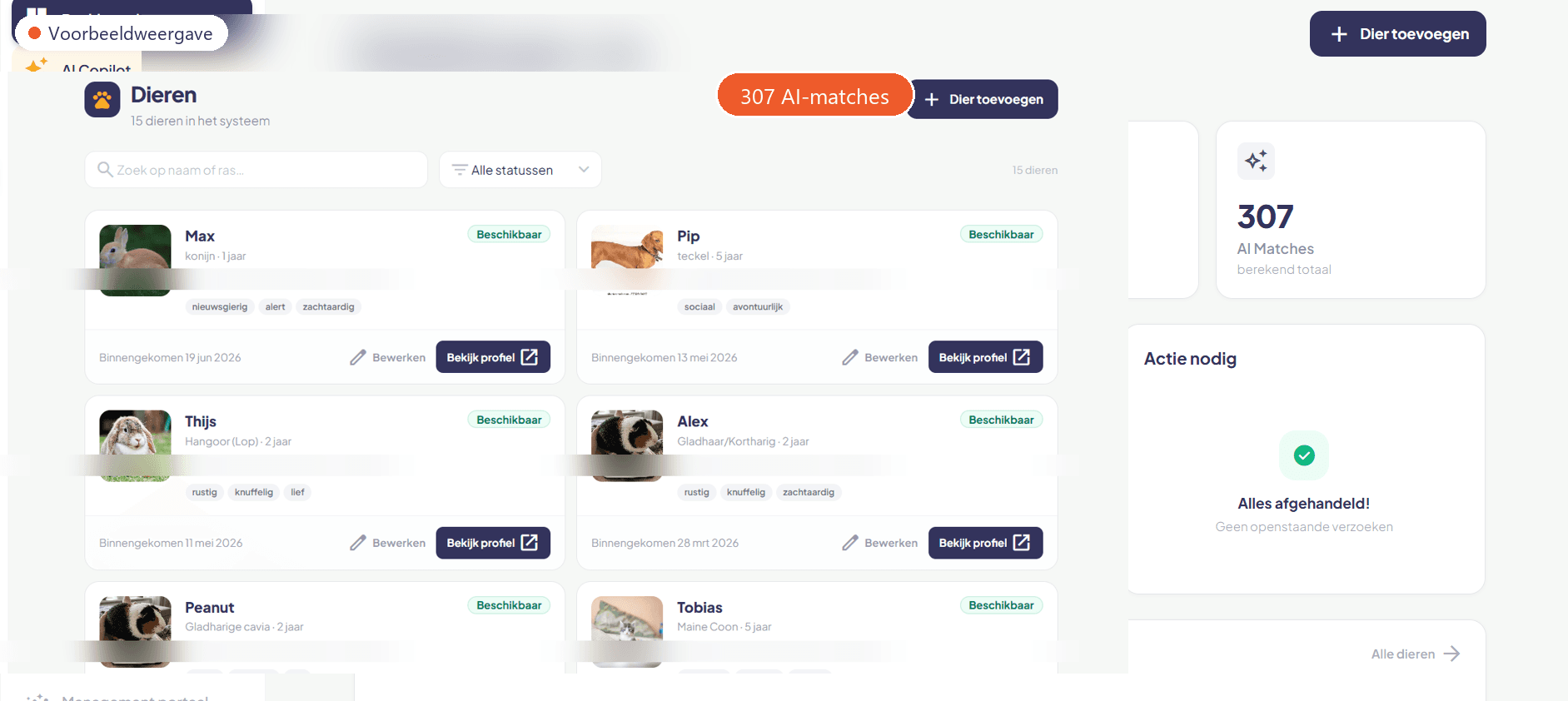 PootGelukkig: asiel-dashboard met AI-matches en het dieren-overzicht met beschikbare asieldieren